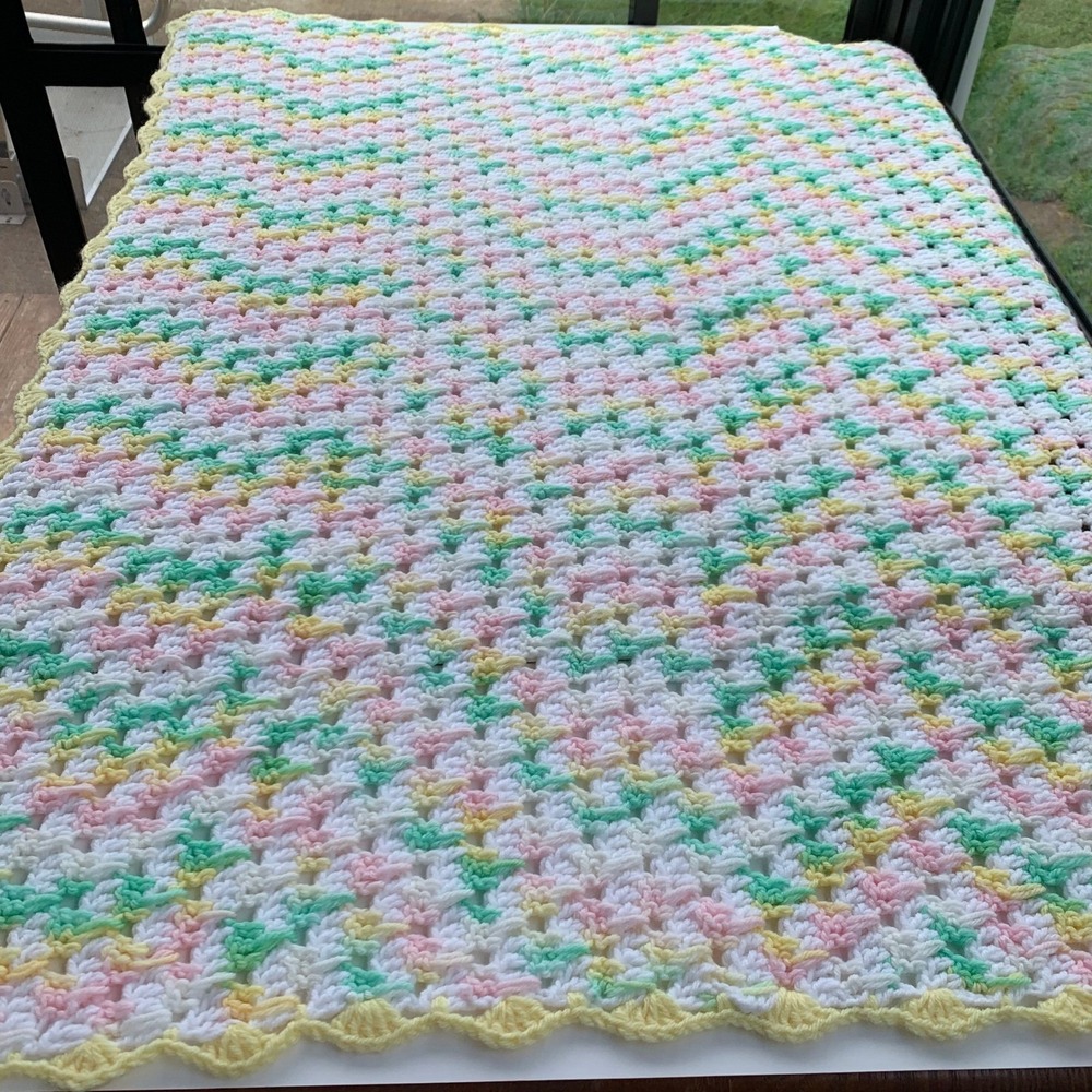 Handmade Crochet Lap Throw Baby Blanket Pastel Yellow Pink Green Wht Cozy 37x46